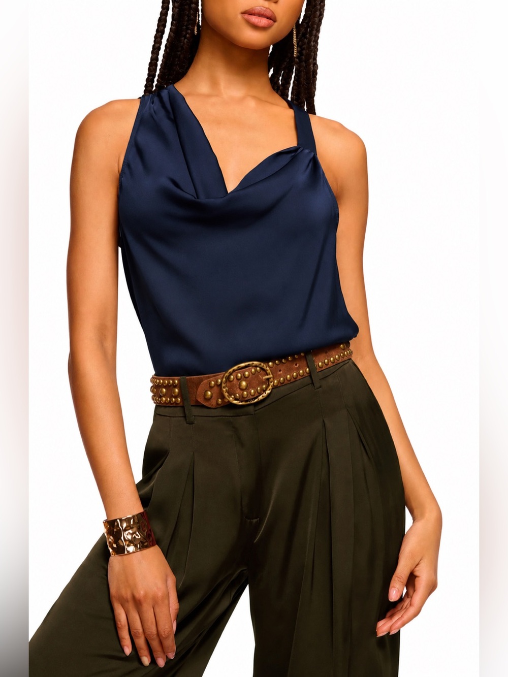NWT Ramy Brook Zoe Satin Tank in Navy Blue, Size Medium